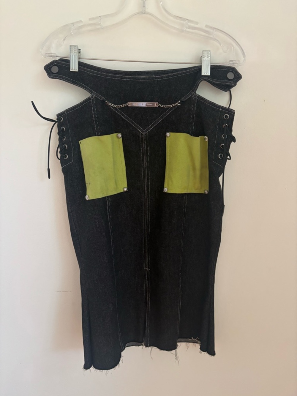 Didu Black Denim Midi skirt with Lime Green Patch Pockets